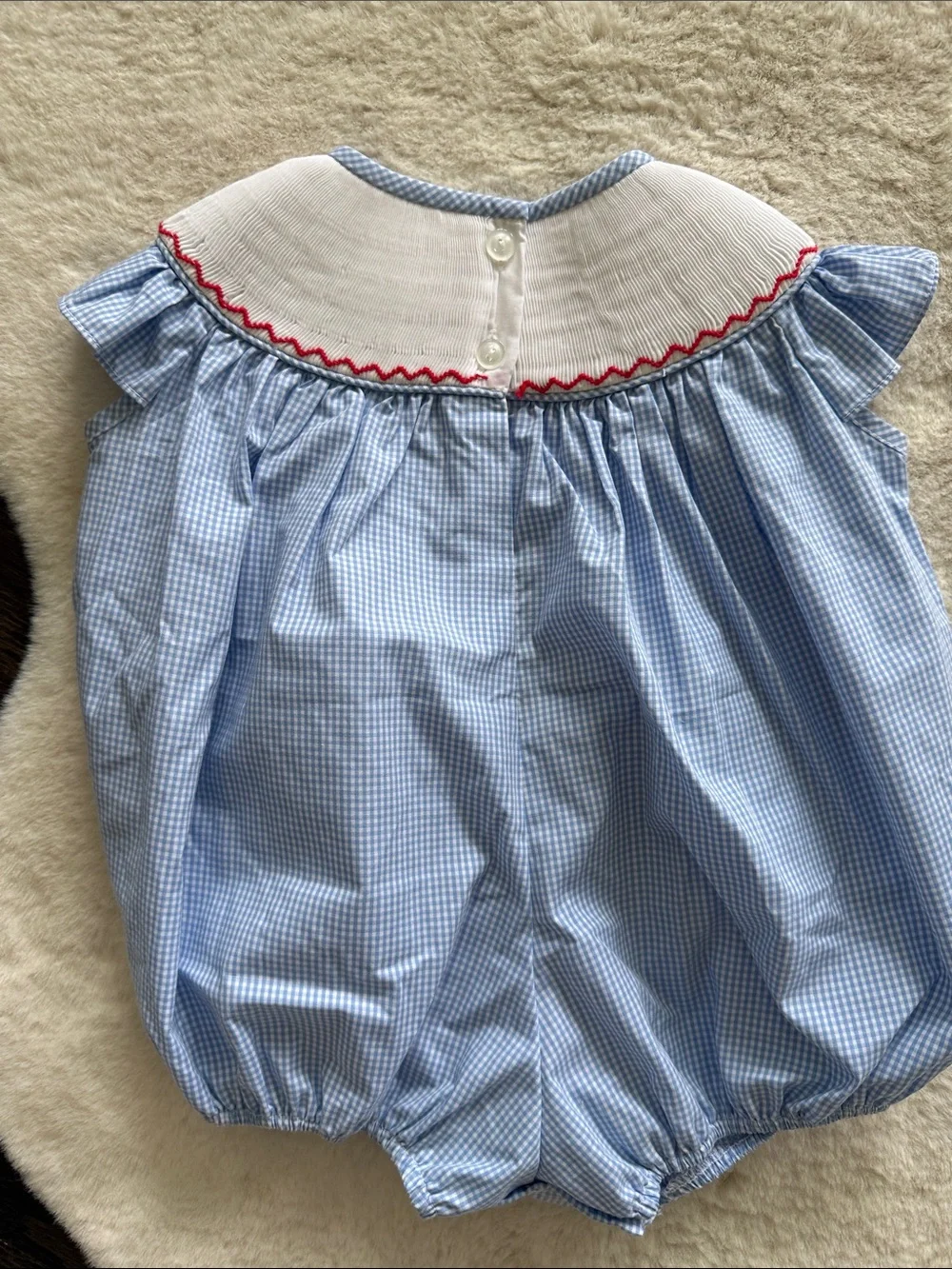 Sticky Fish USA Flag Smocked Blue Gingham Bubble Rompers Set - Size 9 months